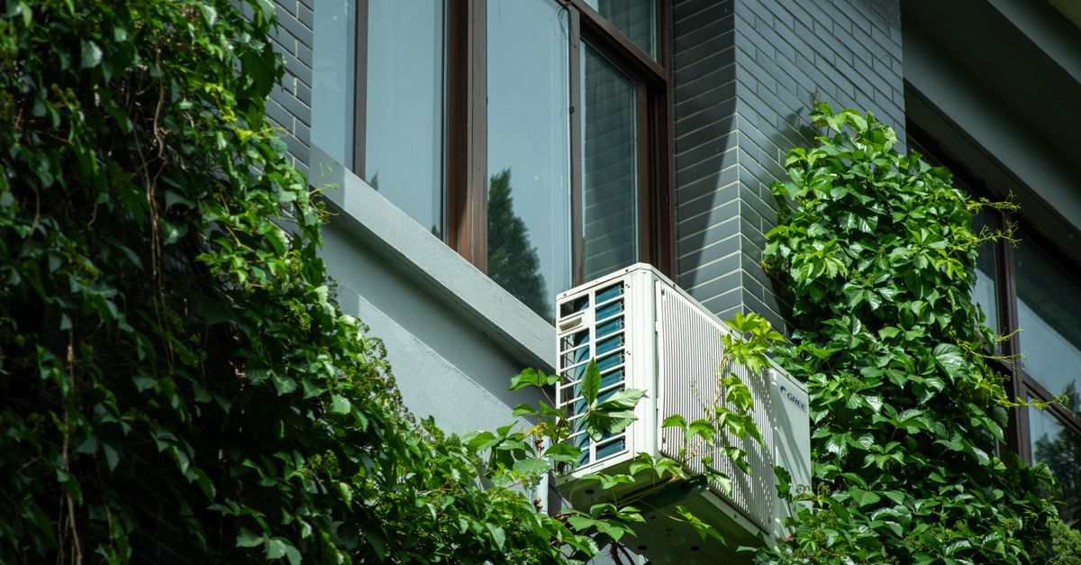 Air conditioner unit on an ivy-covered building wall, blending nature and technology.