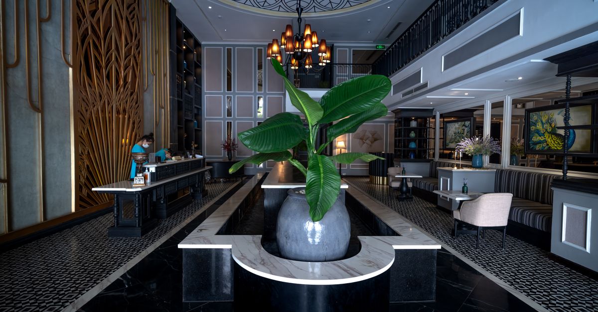 Luxurious hotel lobby featuring sleek decor, stylish chandelier, and central plant arrangement.