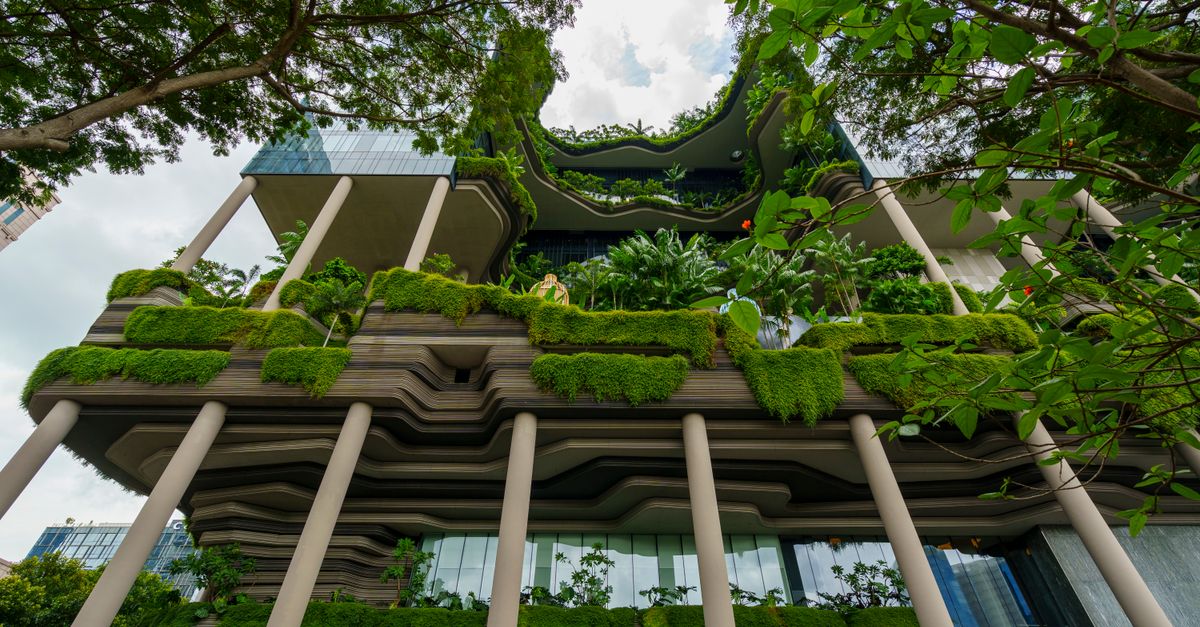 Lush green facades and innovative design on a Singapore building showcasing sustainable architecture.
